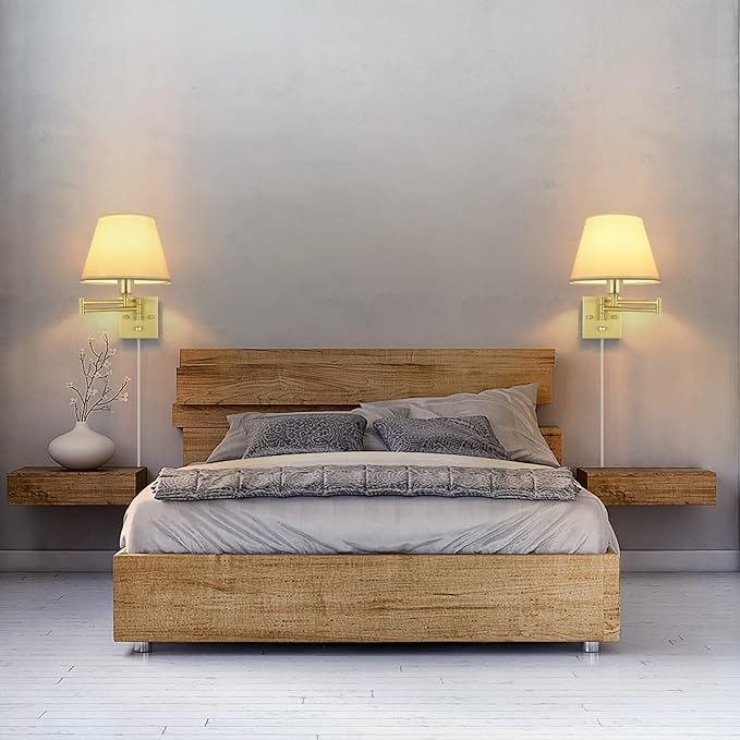 TRLIFE Wall Sconce Plug in, Brushed Brass Dimmable Wall Sconces Set of 2 Swing Arm Wall Lights with Plug in Cord and Dimmer On/Off Knob Switch, 9.4