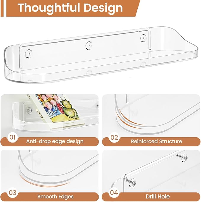 SpaceWhisper Floating Shelves for Wall, 10-Pack 15" Wall Shelves for Bathroom, Bedroom, Living Room, Display Hanging Shelf Organizer for Book, Picture Ledge, Figure Storage, Room Decor (Clear)