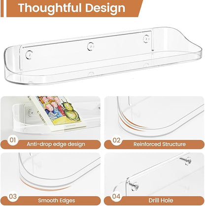 SpaceWhisper Floating Shelves for Wall, 2-Pack 15" Wall Shelves for Bathroom, Bedroom, Kitchen, Living Room, Display Hanging Shelf Organizer for Book, Picture Ledge, Figure Storage, Room Decor (Clear)