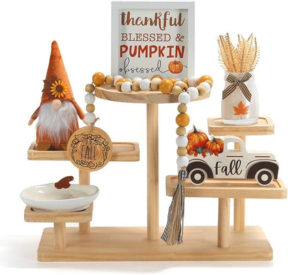 Thanksgiving Decorations for Home 6PCS Tiered Tray Decor Set, Tabletop Fall Decor for Tray Shelf Mantel Fire Place Office Desk Thanksgiving Autumn Table Centerpieces Pumpkin Farmhouse Wood Signs