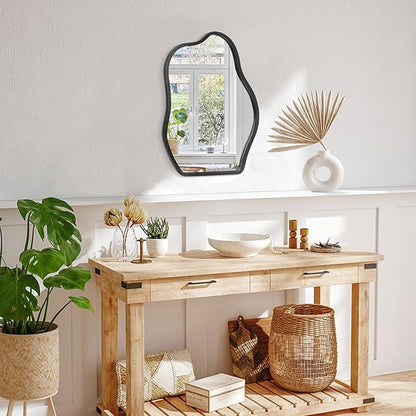 Asymmetrical Wood Frame Mirrors for Wall Oval Hanging Mirror Unique Irregular Modern Mirror for Entryway Hallway Living Room Bedroom Vanity Decorative Artistic Wall Mirror