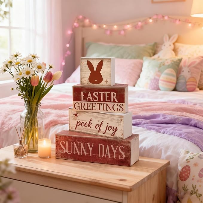 Easter Decorations - Easter Greetings Bunny Tiered Tray Decor - Wooden Easter Bunny Tabletop Sign - Rustic Farmhouse Spring Home Decor Indoor for Tiered Tray Shelf Mantel Entryway Coffee Table - Spring Home Decor for Living Room, Kitchen Counter