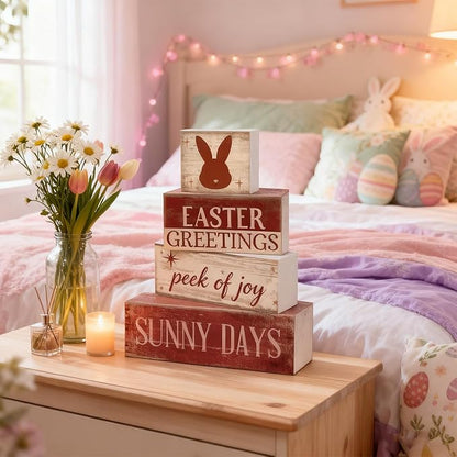 Easter Decorations - Easter Greetings Bunny Tiered Tray Decor - Wooden Easter Bunny Tabletop Sign - Rustic Farmhouse Spring Home Decor Indoor for Tiered Tray Shelf Mantel Entryway Coffee Table - Spring Home Decor for Living Room, Kitchen Counter