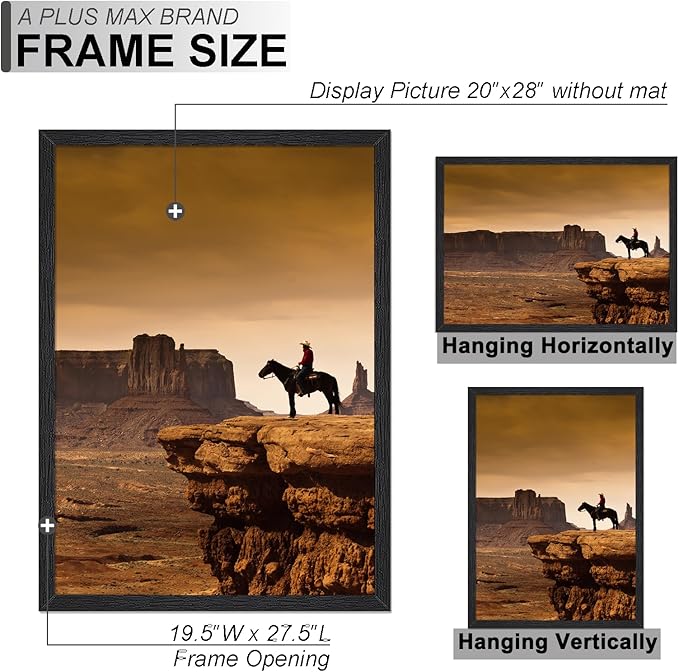 A PLUS MAX 20x28 Picture Frame Set of 2, Black Engineered Wood Frame for 20 x 28 Inch Picture Poster Photo, Light Weight 20 by 28 Frame with Wood-grain for Wall - 2 Pack/Black/20 x28