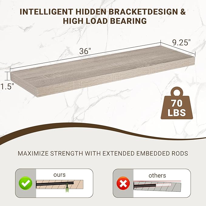 36 Inch Floating Shelves, 3D Textured Wood Grain, 36