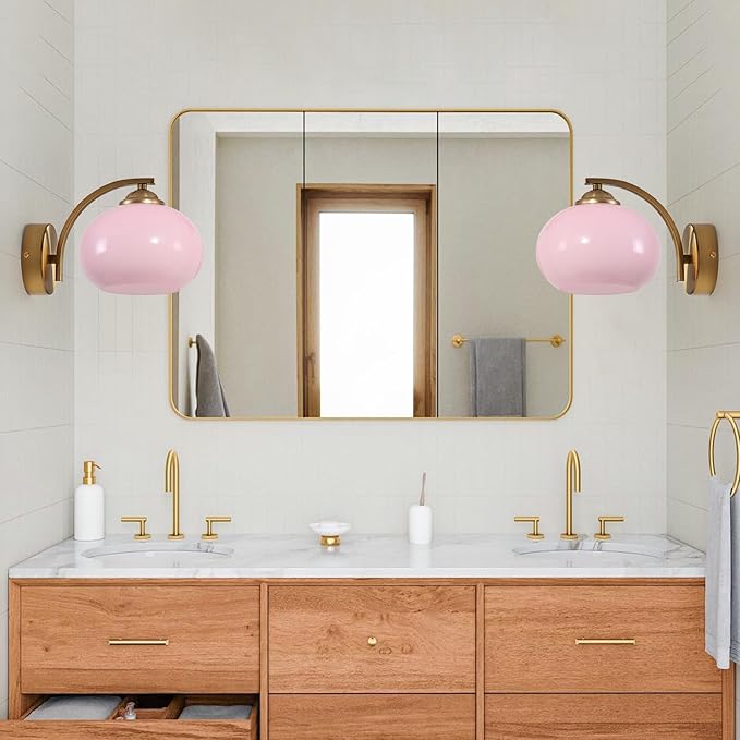 Mid Century Modern Wall Sconce Light Fixture Pink Glass Wall Sconce Lamp Brass Gold Wall Lighting Hardwired Globe Wall Lamp Vintage Bathroom Vanity Light Fixtures