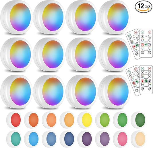 Wireless 16 Color Changing LED Puck Light 12 Pack LED Under Cabinet Lighting Closet Light Battery Powered Night Lights with Remote Control Dimmer & Timing Function
