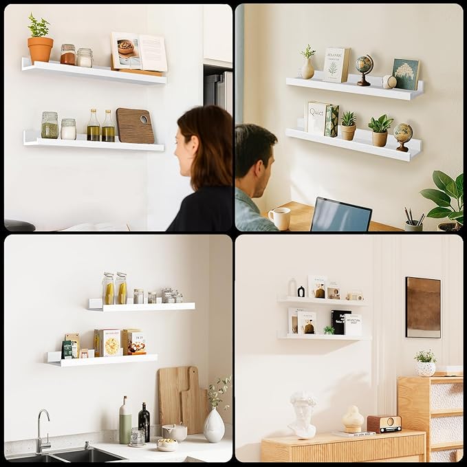 24inch Floating Picture Ledge Shelves 2-Pack, White Wall Mounted Shelves with Lip for Nursery, Kids Room, Living Room & Bedroom, Sturdy Floating Book Shelves for Photo Frames & Decor