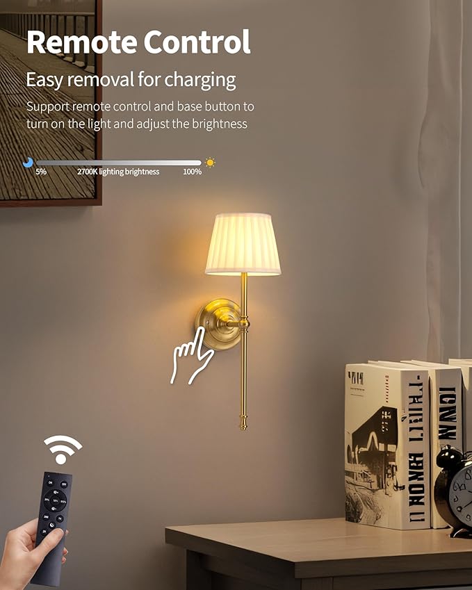 KDG Cordless Wall Sconces Set of 2, Small Wireless 5200mAh Rechargeable Battery Fabric LED Wall Lamps, Portables Lightings for Wall Painting, Living Room, Bedroom, Hallway, Gifts, Night Light (Gold)