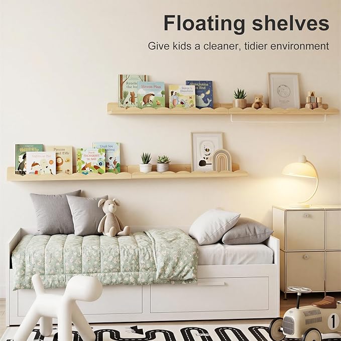 Fixwal Nursery Shelves, 24 Inch Floating Bookshelves for Wall Set of 4, Scalloped Wall Book Shelves with Towel Rack for Kids, Toddler Room, Baby Room, Nursery Decor and Storage(Natural Wood)