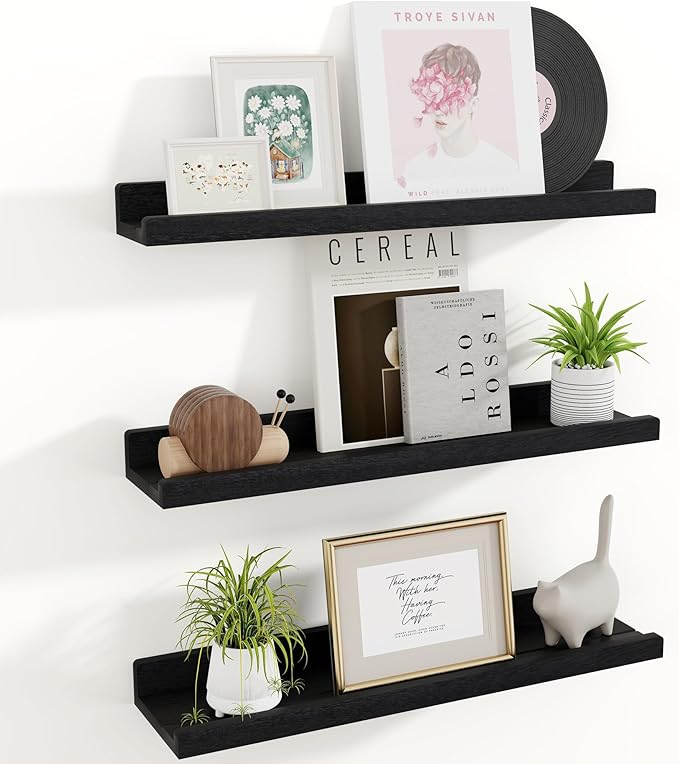 RICHFOCUS Floating Shelves for Wall, 24 inch Solid Wood Picture Ledge Shelf for Wall Storage, Nursery Book Shelves with Lip for Living Room Bathroom Bedroom Kitchen, Set of 3, Distressed Black