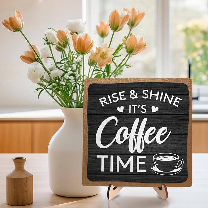Coffee Bar Decor Sign, Coffee Bar Accessories, Funny Coffee Bar Desk Decor, Rustic Wooden Plaque Coffee Sign Farmhouse Coffee Bar Derco Signs For Coffee Station, Coffee Shelf Decor(Black+Brown05)