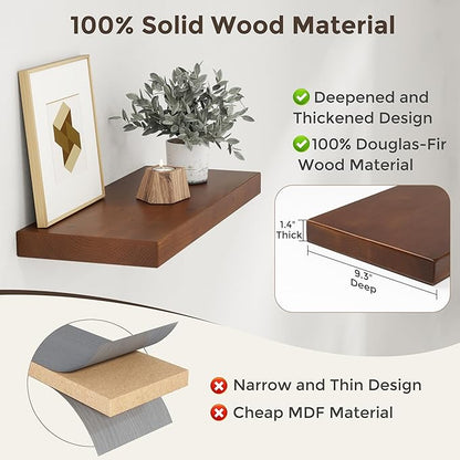 Axeman 24 Inch Floating Shelves for Wall, 9.3" Deep High End Solid Real Wood Wall Shelves with Heavy Duty Invisible Bracket for Living Room, Bedroom, Kitchen, Bathroom, Set of 2, Walnut Finish