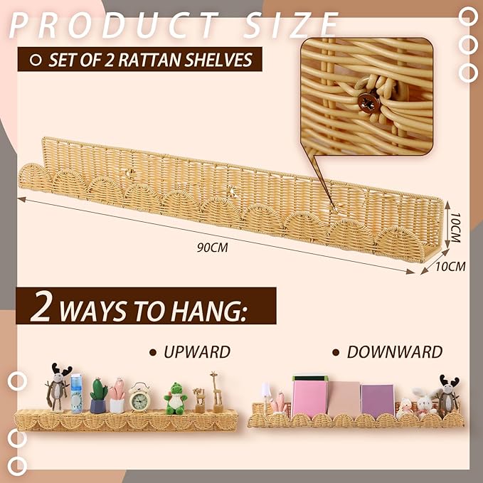 Pinkunn 4 Pcs Nursery Book Shelves 35.4 Inch Rattan Scalloped Floating Bookshelves Wicker Boho Book Shelf for Wall Mounted Decor Nursery Rooms Hanging