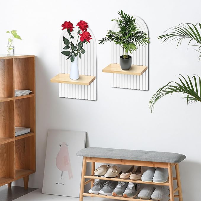 2 PCS Wall Mounted Plant Holder, Wooden Rainbow Plant Wall Shelf, Boho Wall Shelf Mid Century Arch Wood Floating Wall Shelf Decor for Bathroom, Bedroom, Kitchen (Wood-01)