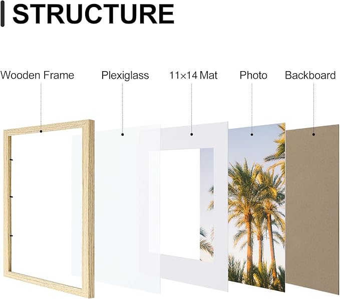 Vittanly 12x16 Picture Frames Set of 9, Shatter Resistant Plexiglass, Display 11x14 Pictures with Mat or 12x16 without Mat, Photo Frames for Wall Mount, Engineered Wood, OAK