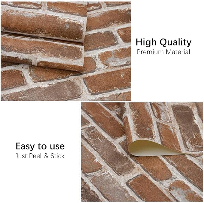 Okydoky Peel and Stick Wallpaper, Brown Brick Wallpaper for Home Decoration, Contact Paper Stick and Peel Backsplash, Vinyl Self Adhesive Wall Paper for House, Workshop&Office, 17.3"x393", C203-10