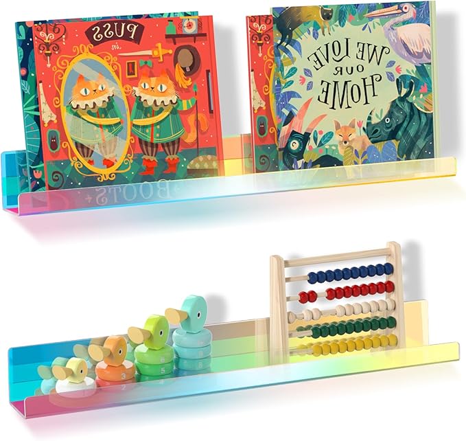 NiHome Magnetic Iridescent Acrylic Book Shelves 2-Pack, 17'' for Whiteboard, Classroom and Fridge Storage, Sleek Design for Large Picture Books and File Holders, Holds up to 8.5 lbs