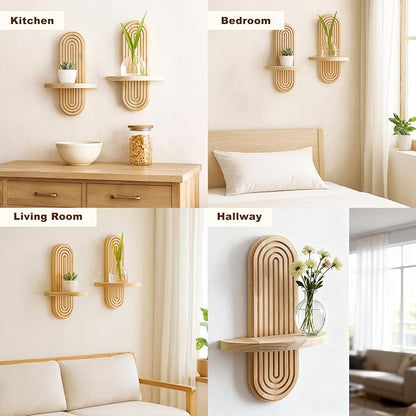 2 Pack Boho Shelf Wall Decor - Handmade Solid Wood Floating Shelves Rainbow Arch Trinket Storage Rack Wall Decor for Bedroom Living Room Nursery Bathroom