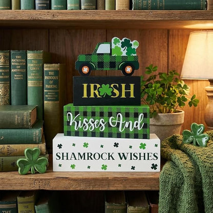St. Patrick's Day Decorations, 4 Pcs Wooden St. Patrick's Day Table Decorations, Shamrock Truck Tiered Tray Decor, Wooden Table Sign for Desk Shelf Mantel Centerpiece, Indoor Home Decor