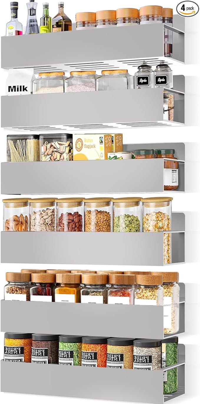 Magnetic Spice Rack Organizer for Fridge Seasoning Organizer for Kitchen storage with Screw Magnetic Shelf with Hook for Refrigerator and Oven (6pack-Grey)