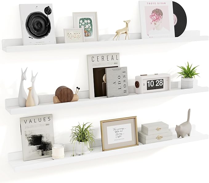 RICHFOCUS Floating Shelves for Wall, 48 inch Solid Wood Picture Ledge Shelf for Wall Storage, Nursery Book Shelves with Lip for Living Room Bathroom Bedroom Kitchen, Set of 3, Washed White