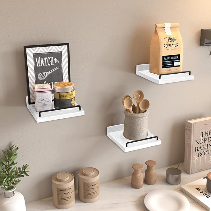 Small Floating Shelf, 6 X 6 Inches Farmhouse Wall Shelves for Living Room, Bedroom, Picture Frames, Plants, Kitchen, Set of 3 (White and Black)