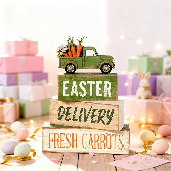 Easter Decorations - Easter Truck Tiered Tray Decor Set - Wooden Farm Fresh Carrots Tabletop Decoration - Rustic Farmhouse Spring Home Decor Indoor for Tiered Tray Shelf Mantel Coffee Table Gift - Spring Home Decor for Living Room, Kitchen Counter