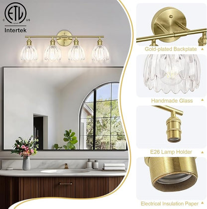 Vintage Bathroom Light Fixtures,4-Light Hardwired Vanity Lights with Clear Tulip Glass Shade,Gold Bathroom Vanity Light for Mirror Restroom,E26 Socket,25.2 in(Bulbs Not Included)