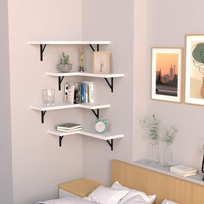 NATURE'S SOURCE Corner Floating Shelves Set of 4, Corner Shelves Wall Mounted, for Bedroom Kitchen Living Room Bathroom Office- Modern Style (White, Set of 4)
