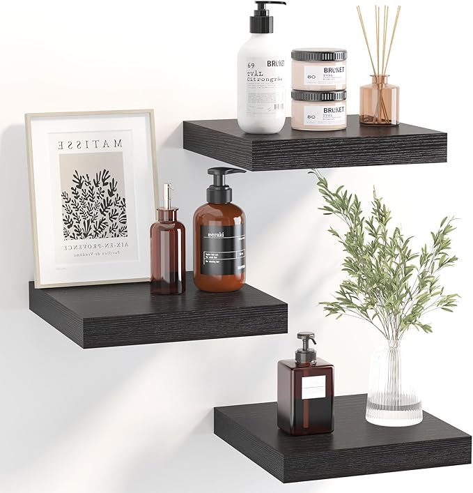 Fixwal Small Floating Shelves for Wall, 8 Inch Black Shelves Wall Mounted Shelf for Bathroom, Living Room, Bedroom, Kitchen Decor (Set of 3, 8x8)