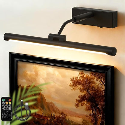 Picture Lights for Wall Battery Operated,16 Inch Black Wireless Rechargeable Art Lights for Pictures,3CCT Dimmable Retractable Painting Light with Remote & Timer,Glare-Free for Gallery Light