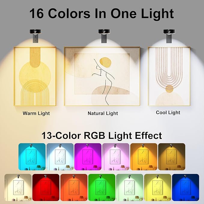 Starxing 3 Pack Picture Lights for Wall, 2000mAh Battery Magnetic Led Painting Light with Remote, Dimmable and Timer, 16 RGB Colors, Cordless Art Display Light for Wall Decor Frames (Black)