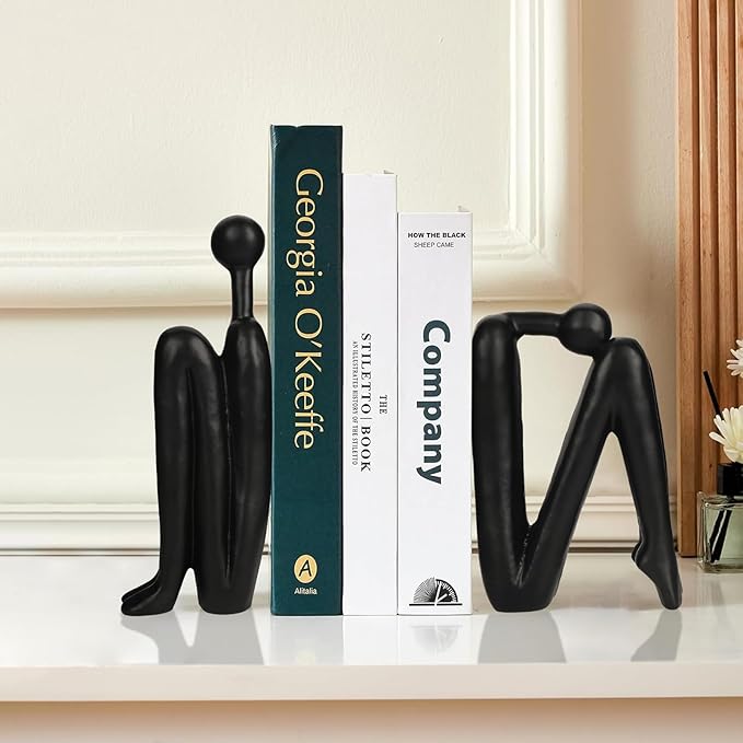 Thinker Cast Iron Bookends, Heavy-Duty Decorative Book End Stoppers for Shelves, Abstract Decor Aesthetic, Smooth Finish Book Holders for Office Decor, 1 Pair/2 Pieces, 9"