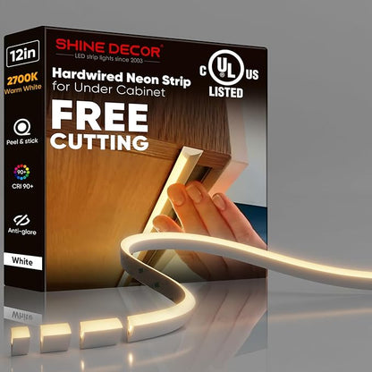 Shine Decor Under Cabinet Lighting Strip, Free Cuttable LED Silicone Neon Rope Hardwired 24V Anti-Glare Bright Cozy 252 Lumen for Indoor, Adhesive White Shell 2700K Warm 12” UL Certified, No Adapter