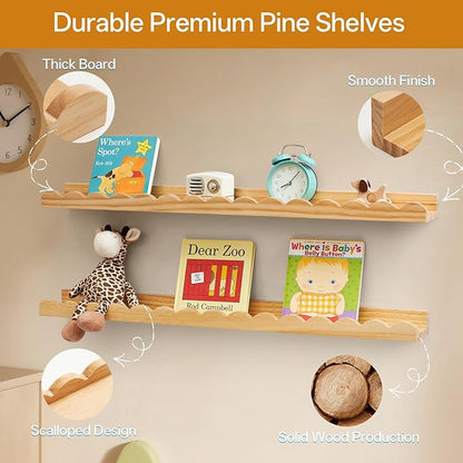 Nursery Book Shelves, Scalloped Floating Shelves Set of 2 Solid Pine Wood Wall Mounted Bookshelf with Wave Lip for Bedroom Kids, Toddler Room, Baby Room 24inch Natural