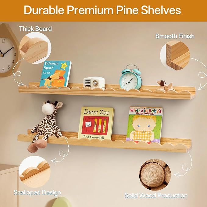 Nursery Book Shelves, Scalloped Floating Shelves Set of 2 Solid Pine Wood Wall Mounted Bookshelf with Wave Lip for Bedroom Kids, Toddler Room, Baby Room 24inch Natural