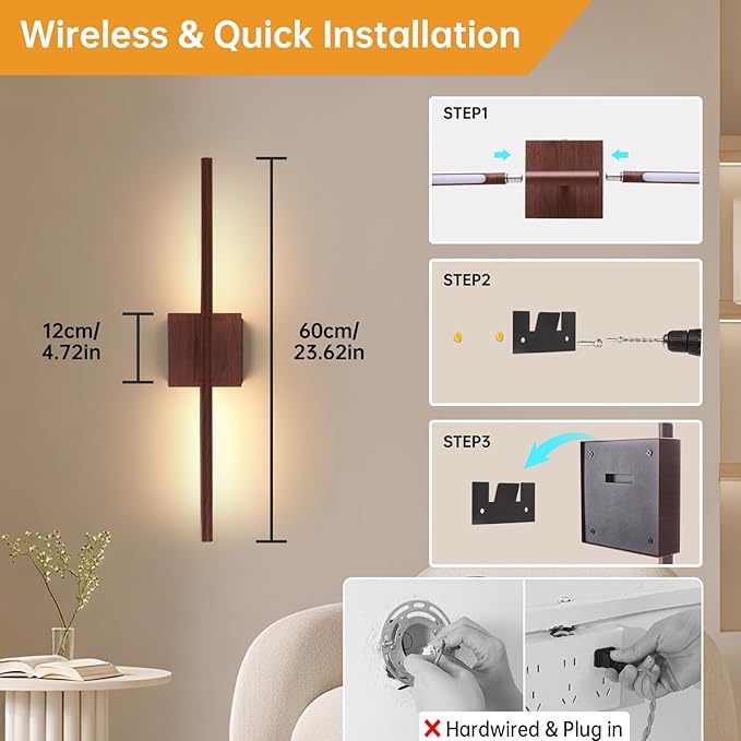 Battery Operated Wall Sconce Set of 2, 8000mAh Rechargeable Wall Sconces, 3000K-6000K Dimmable, 350°Rotate, Indoor Wall Lights for Bedroom Living Room Bathroom, Black Walnut, 23.6 Inch