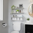 WOPITUES Floating Shelves for Wall 24 inch with Cube Shelf, Wall Shelves with Metal Rail for Decor, Bathroom Organizers and Storage, Over Toilet Shelves for Bathroom, Toilet Paper-White&Gold