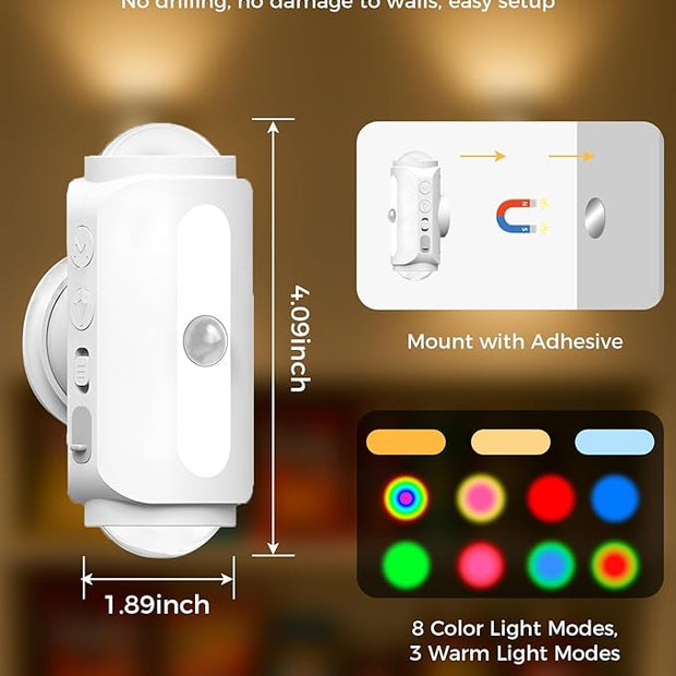 Motion Sensor Wall Light, Rechargeable Peel and Stick on Sconce Set of 2, Wireless No Drill RGB Wall Lamps, Magnetic Battery Operated Indoor Lighting for Hallway, Stairs, Bedroom, Bathroom, Bar Decor