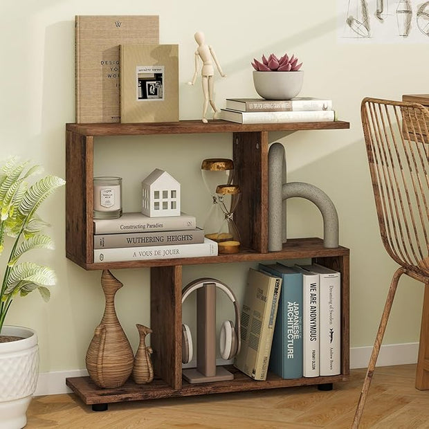 LOKO 3-Tier Geometric Bookshelf Set of 2, S-Shaped Open Bookcase, Freestanding Decorative Storage Shelving, Home Storage Organizer for Living Room, Bedroom, Home Office (2, Rustic Brown)