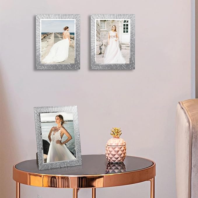 8x10 Picture Frame Glass 2 Pack, Sparkly Glitter Photo Frame 8 x 10 Mirror Crystal Wedding Gift Wall and Tabletop Display