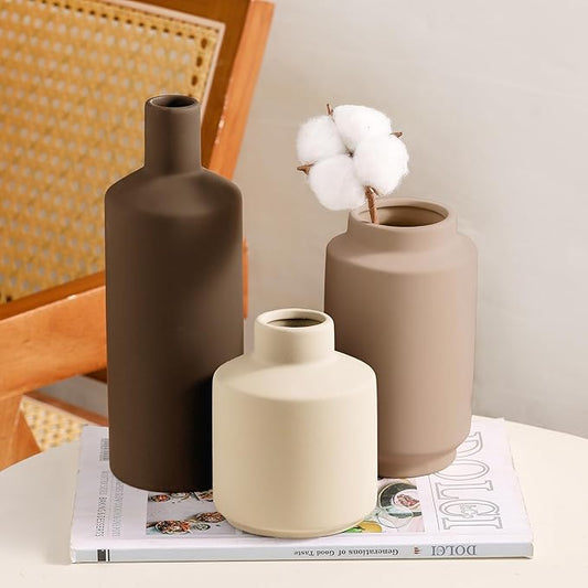 Ceramic Vase Set of 3 Terracotta Brown Beige, Modern Small Flower Vases for Home Decor, Boho Farmhouse Rustic Decorative Vases for Living Room Table Shelf Kitchen Bedroom Centerpieces