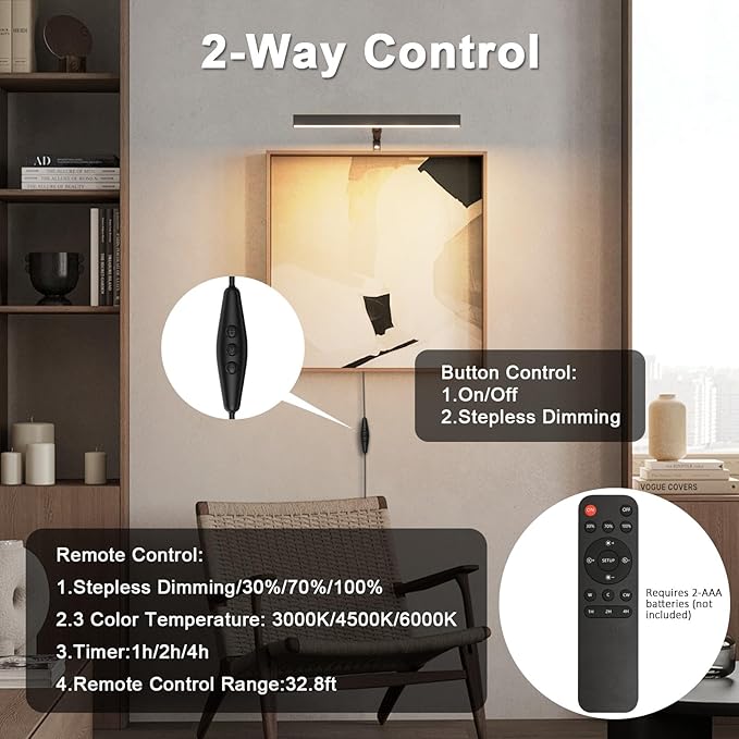 4W Plug in Picture Light for Paintings with Remote Control, 12" LED Art Display Lighting for Gallery, Dartboard, Artwork, Black Wall Mounted Picture Frame Light
