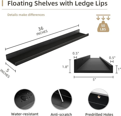 Picture Ledge Shelf, Wood Floating Shelves Set of 2, 36 inch Picture Ledge Shelves, Photo Ledge Nursery Book Shelves Wall Mounted for Living Room Kids' Room Bedroom, Color Black