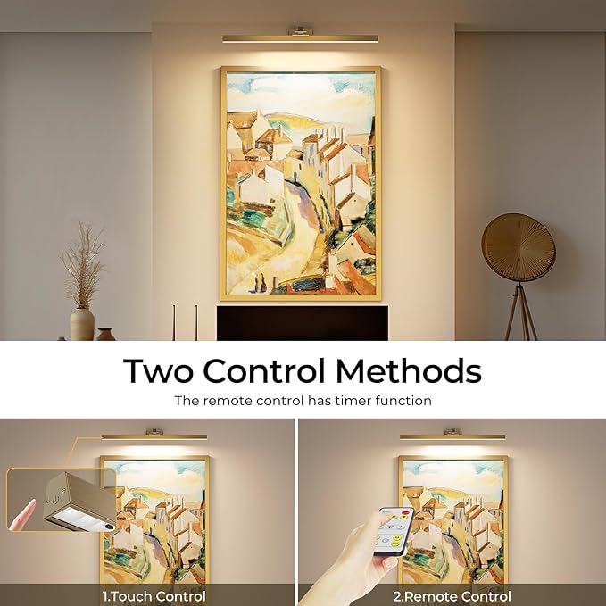 Picture Lights for Wall, Brass Battery Operated Picture Light 24in Art Light CCT Dimmable Recharging Battery Wall Light with Remote Control for Living Room Gallery