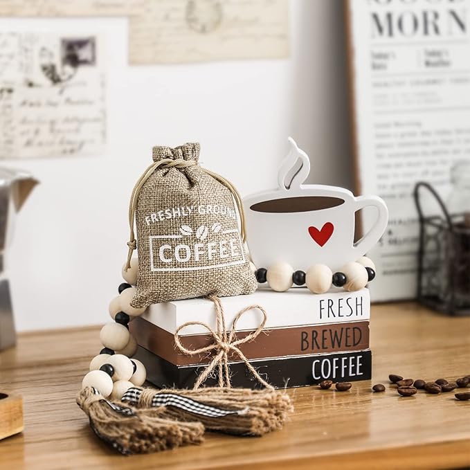 Coffee Bars Decor, 6 PCS Coffee Bar Decorations,Mini Wooden Book Stacks with Bead Garland, Coffees Bar Accessories for Tiered Tray,Table,Shelf,Rustic Farmhouse Home Decor