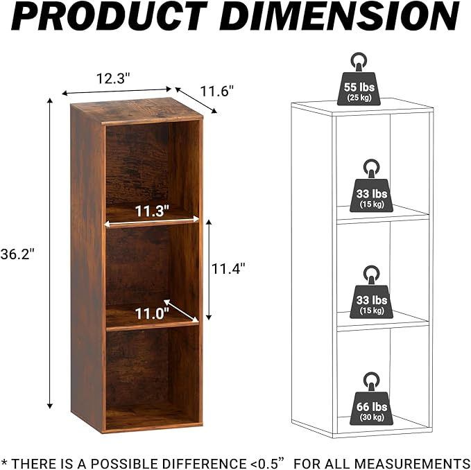 3 Cube Storage Organizer, 3 Tier Cube Low Bookcase Freestanding Storage Display Organizer, Three-Cubes Open Shelf Bookshelf for Home Office (Retro Brown, 3-Cube)