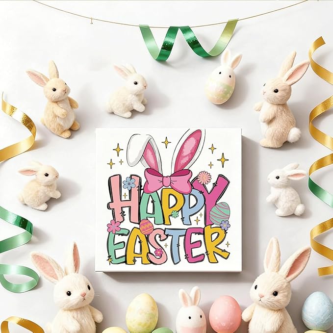 Easter Decorations for Home Happy Easter Bunny Wooden Box Sign, Cute Spring Table Decor, Farmhouse Easters Desk Decorations, Easters Porch Party Supplies, Holiday Shelf Plaque for Living Room Office