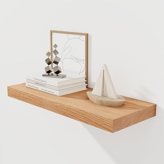 RICHFOCUS Floating Shelves for Wall 24 Inch Solid USA-Sourced Oak Wooden Shelves for Bathroom Kitchen 9" Deep Modern Wood Shelf with Heavy-Duty Bracket for Wall Mounted, Natural Finish